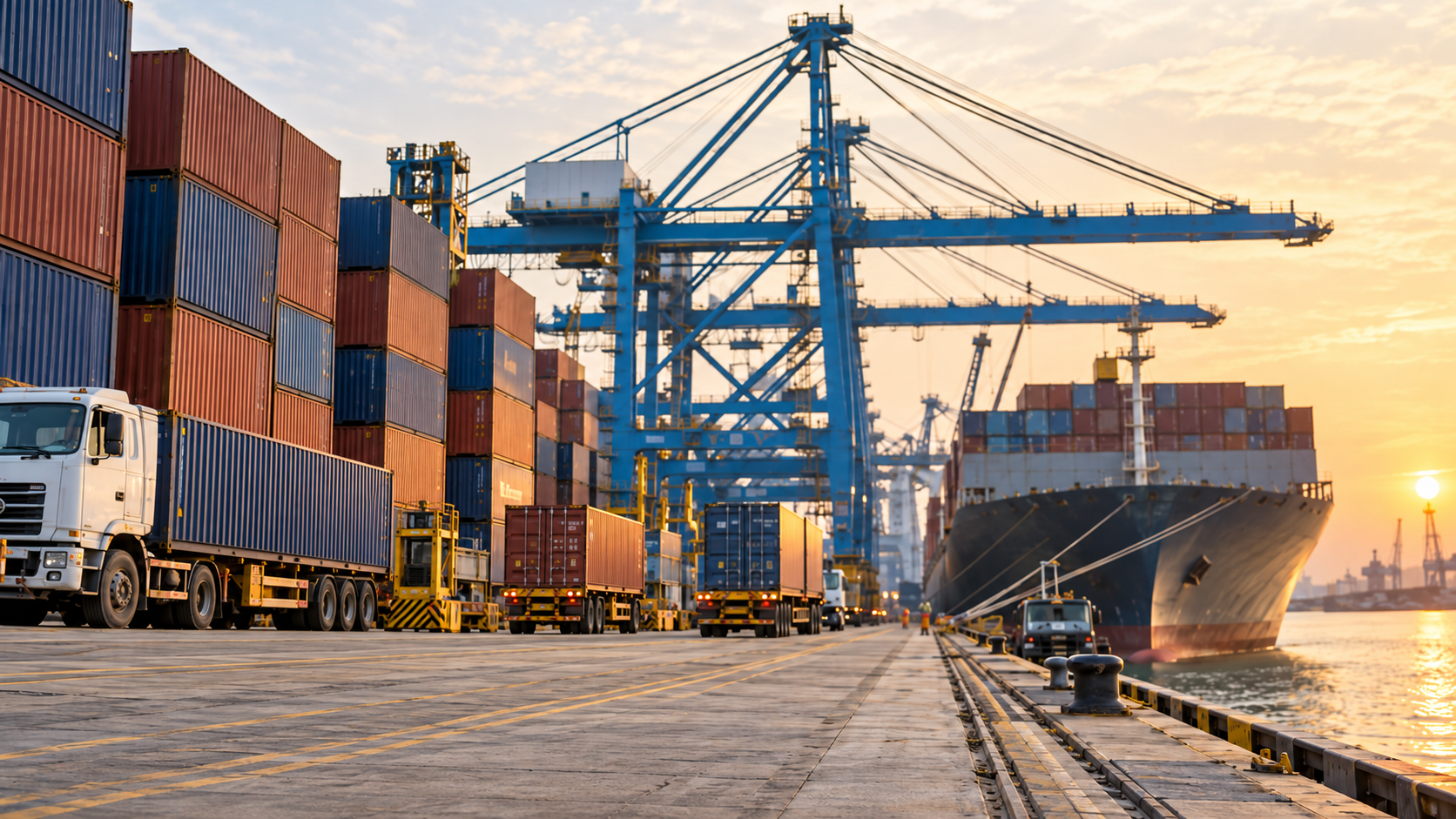 Container ships, cranes, and trucks at a port during golden hour