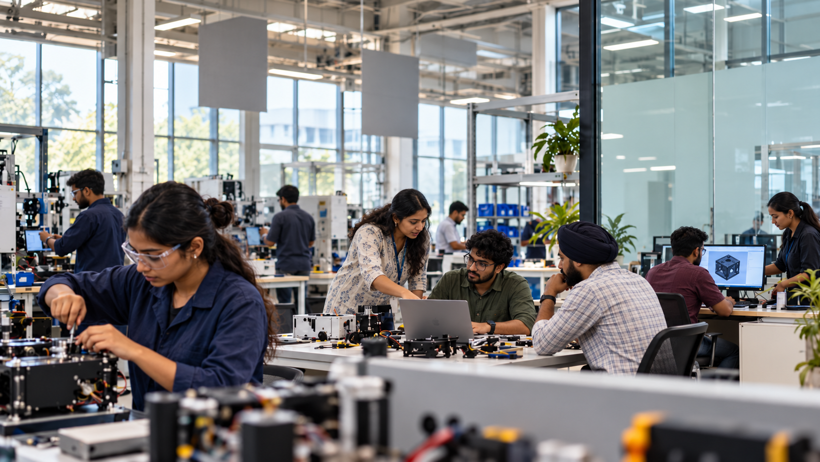 Engineers collaborating on hardware in an Indian technology lab