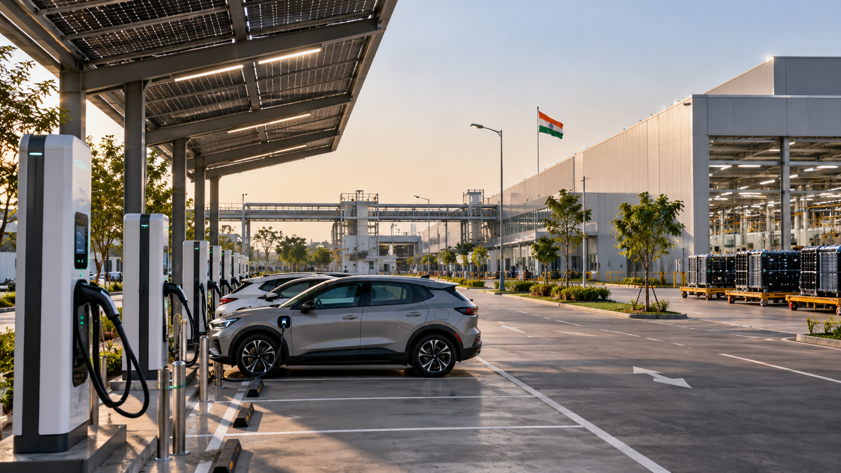 Electric vehicles charging outside an Indian manufacturing facility