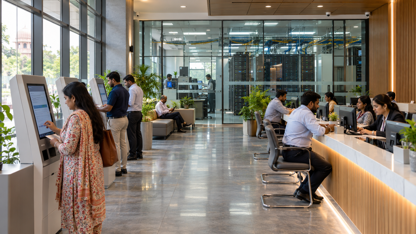 People using digital services in a modern service center lobby