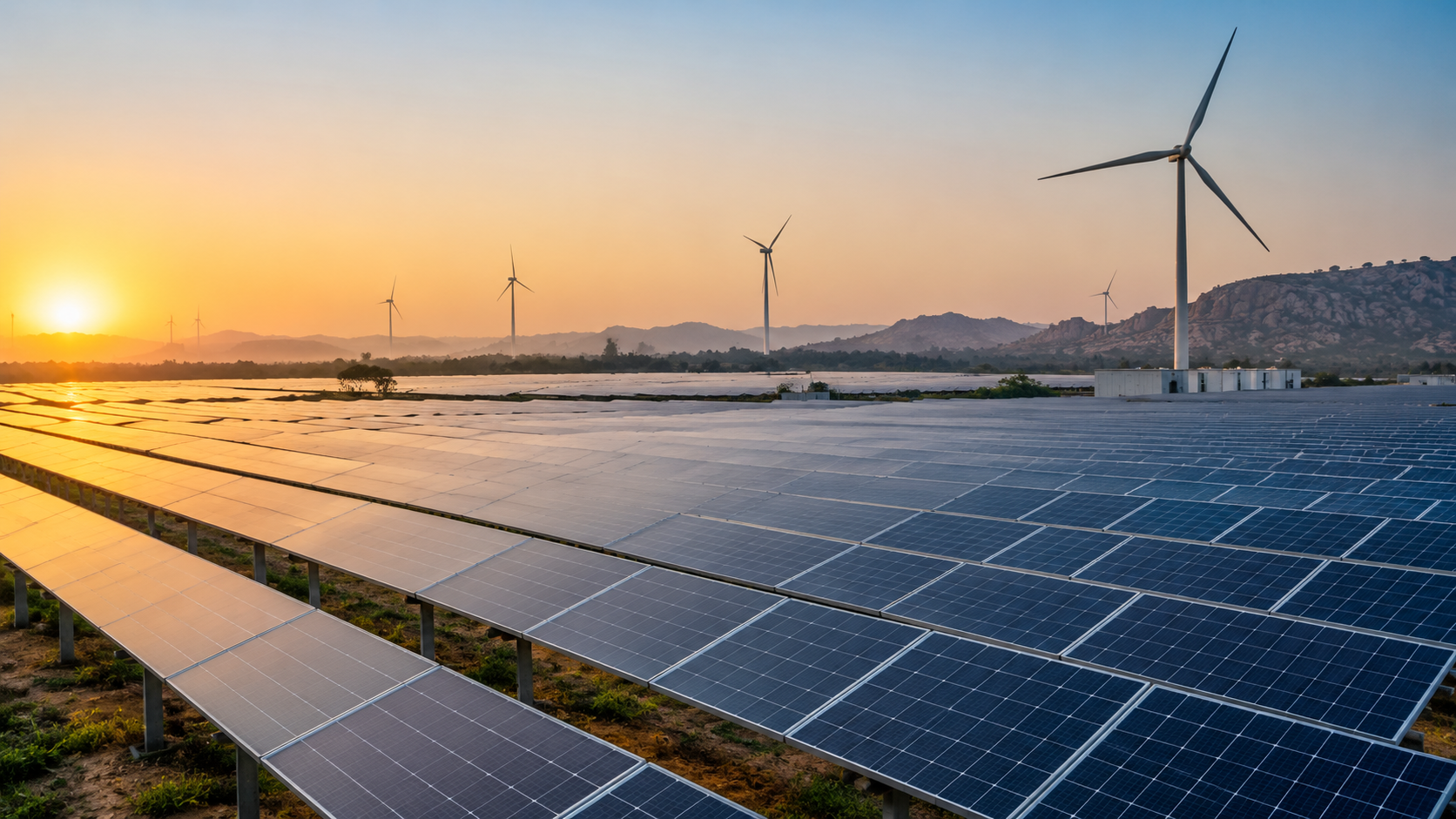 Solar panels and wind turbines representing renewable energy