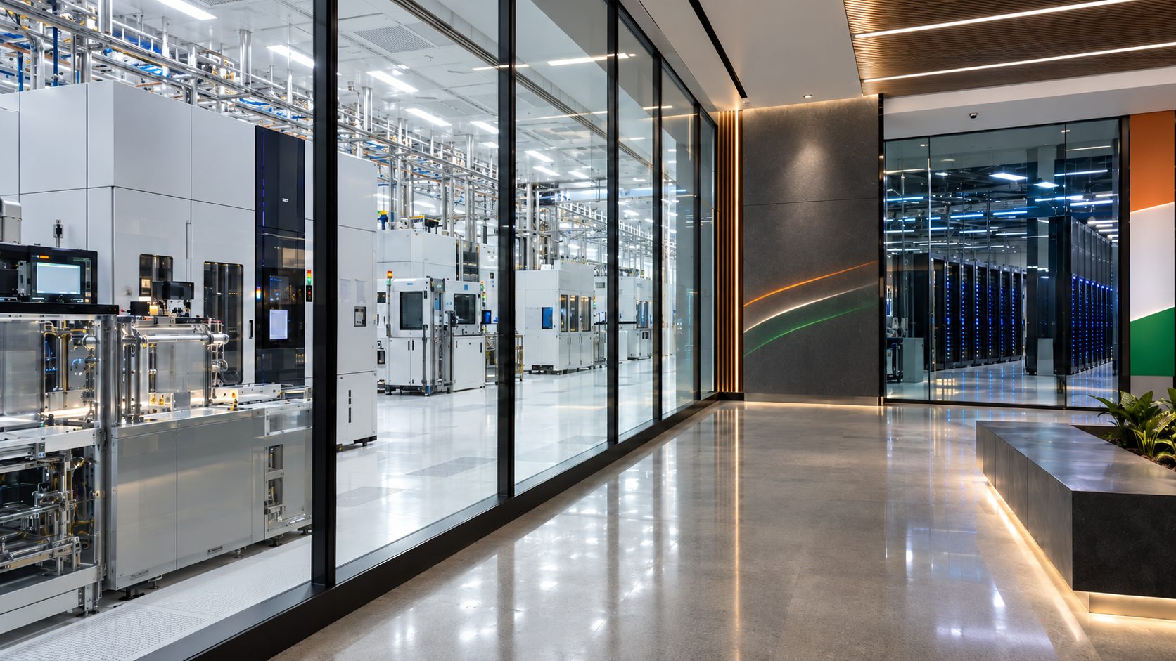Futuristic Indian technology corridor with advanced manufacturing and data infrastructure